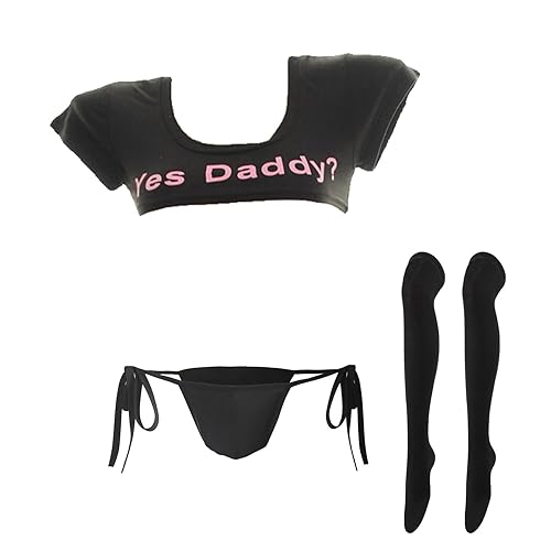 Women Yes Daddy Lingerie Set Japanese Crop Top and Panty Underwear with Stocking - Balck - X-Small - Medium