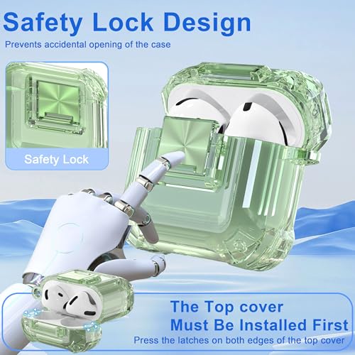 RFUNGUANGO AirPods 4 Case Clear with Lock Cleaning Kit, Lanyard & Keychain, Support Wireless Charging, Compatible with Apple AirPods 4 Case (2024) for Women Girl, Transparent Green — view 3