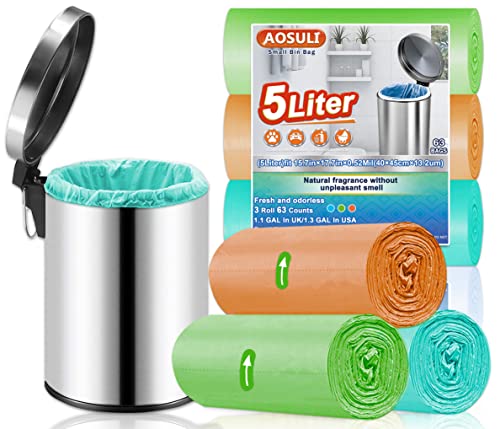 5L Bin Bags AOSULI 63 Counts 3-6L Small Pedal Garbage Bags Colorful Bin Liners for Home Office, Lawn,Bathroom,Toilet Wastebasket (Fits 3L,4L,5L 6L Bins)