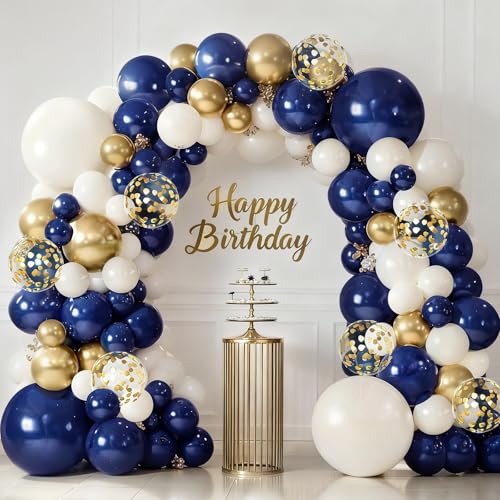 Blocesa Blue and Gold Balloons Arch Kit Navy Blue Latex Balloon Arch Kit with Dark Blue White Sand Chrome Gold Confetti Balloons Garland for Wedding Boy Birthday Gender Reveal Party Graduation Decor