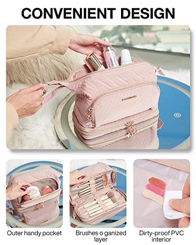Image of BAGSMART Travel Makeup Bag, Cosmetic Bag Make Up Organizer Case, Dorm Room Essentials Large Wide-open Pouch Women Travel Essentials Double Layers Purse for Toiletries Accessories Brushes Pink