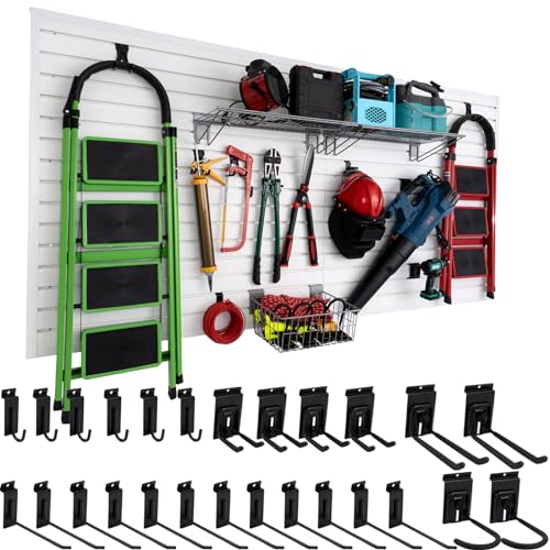 FRAYSCENT Slatwall Panel Garage Slat Wall Storage Systems with 26 Slatwall Accessories, 4'x8' PVC Black Slat Wall Paneling for Retail Display, Garage Storage, Guitar Shop, Home Storage