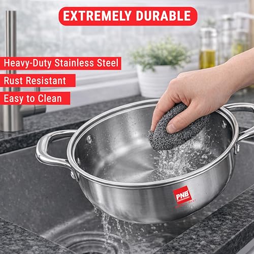 Image of PNB Kitchenmate triply Stainless Steel kadai - 2.0 Liter | Induction Compatible triply kadai with lid | Stainless Steel cookware | Try ply cookware for Indian Cooking with Glass lid | 5 Year Warranty
