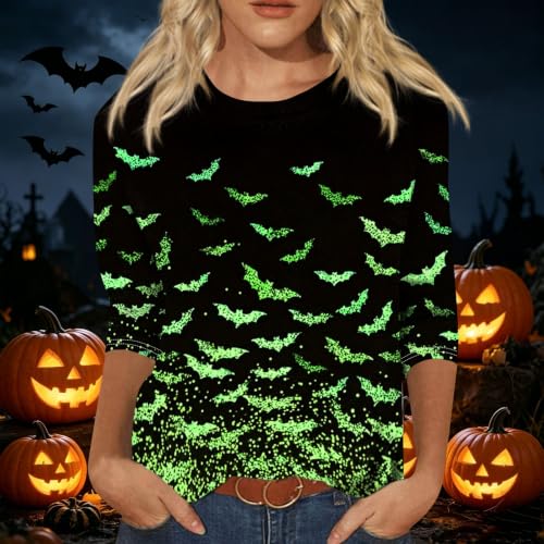 Image of Women Spooky Halloween Graphic Shirt 3 /4 Length Sleeve Crewneck Top | Halloween Funny Printed Pumpkin Plus Size Tshirts 2026 Fall Outfits Skeleton Tee Going Out Tops