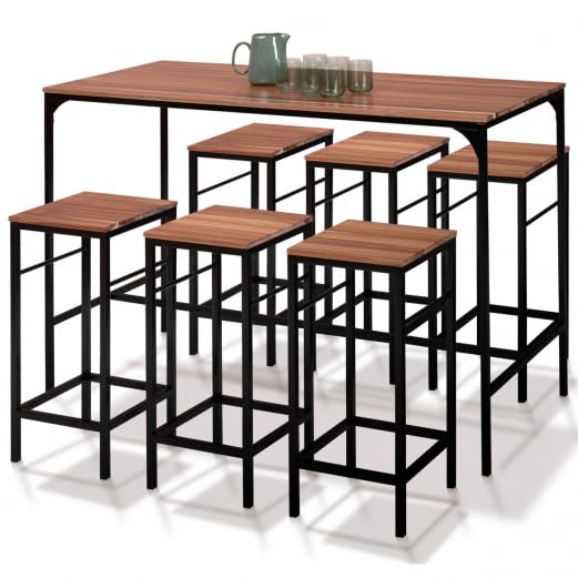 IDMarket – Salón de jardín Panamá Conjunto de bar de mesa alta y 6 taburetes de diseño industrial acacia