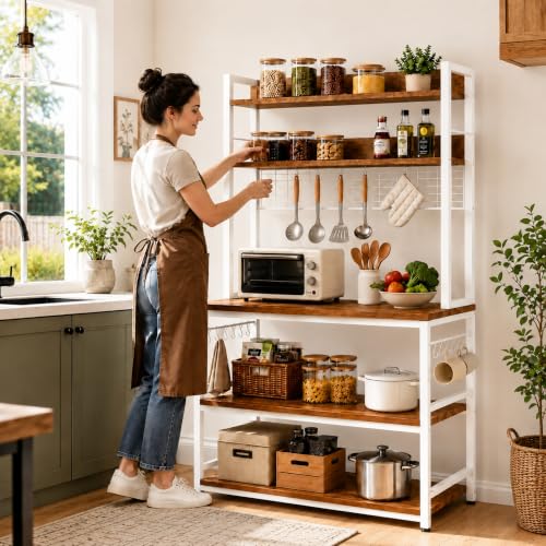 Image of 5-Tier Kitchen Organizer Rack-Multipurpose Microwave Stand for Kitchen Platform & OTG Oven-Steel Utensils Storage Shelf with Hooks - Engineered Wood & Metal Rack for Home- 100x40x170 cm - White /Brown
