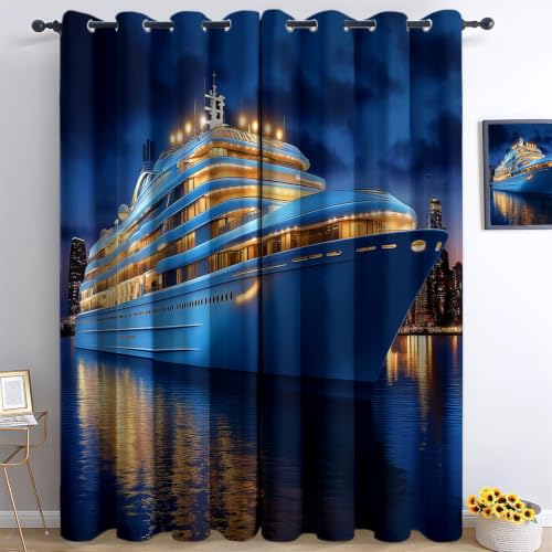 Yellow Sea Night Sky Cruise Ship Blackout Curtains Blue Print Bedroom Window Curtains Luxury Modern Art Thermal Insulated Window Drapes for Kitchen, 2 Panels, 52" W x 54" L