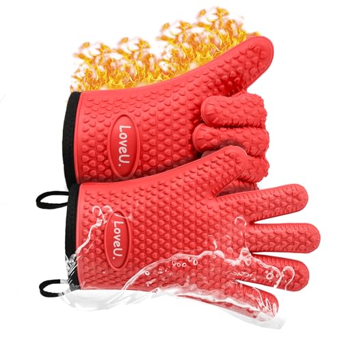 Image of Kitchen Oven Gloves - Silicone and Cotton Double-Layer Heat Resistant Oven Mitts /BBQ Gloves /Grill Gloves - Perfect for Baking and Grilling - 1 Pair (Small, Red)