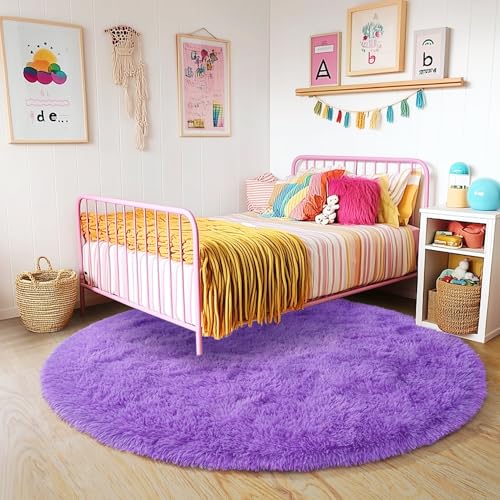 5'x5' Purple Round Rug for Bedroom, Ultra Soft Fluffy Circle Rug for Kids Girls Boys Room, Cute Shag Rugs for Living Room Playroom Teen Room Home Decor Rug