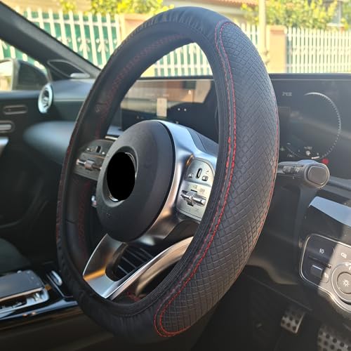 CAELLUMA - Funda Volante Coche Universal (37 a 39 cm) - Funda Volante 39 cm - Cubre Volante Coche - 100% Cuero Sintético - Múltiples Colores Disponibles - Fácil Instalación (Costura roja)