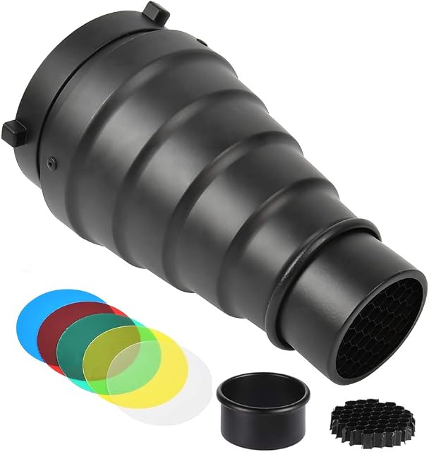ZDFR-073 Aluminium Alloy Conical Snoot Kit Snoot Honeycomb,Color Grid and 5 Gel Colour Filters,for Bowens Photography Flash