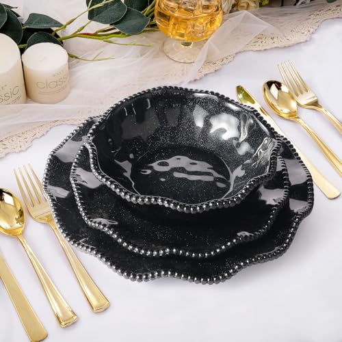 Image of ADSAURMELA 6-Piece Black Melamine Dinnerware Set Service for 2, Scalloped Plates with Beaded Edge & Silver Glitter, Heavy Duty, Shatterproof, Luxury Charger Plates for Halloween Wedding Gala Outdoor