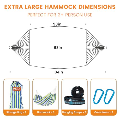 Lazy Daze Hammocks Double Brazilian Cotton Hammock, Extra Large Portable Outdoor Camping Hammock with Tree Straps & Travel Bag for Backyard Patio Poolside Indoor, 550lbs Capacity, Blue & Light Green by Lazy Daze Hammocks - Used condition - Image 5