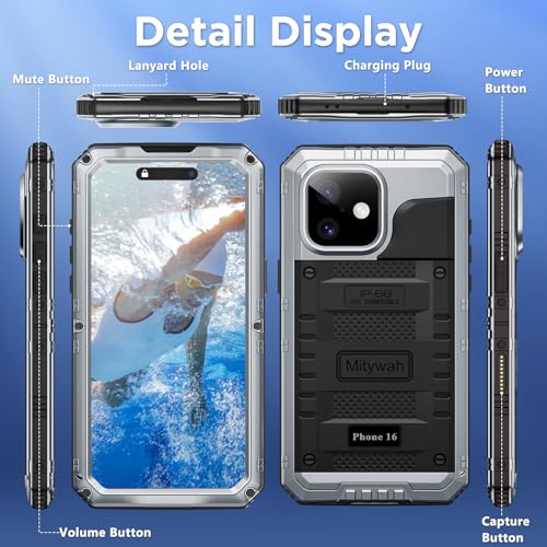 Mitywah Waterproof Case for iPhone 16, Heavy Duty Military Grade Metal Case, Shockproof Rugged Case with Built-in Screen Protector, Underwater Full Body Protective Case for iPhone 16 6.1" Silver by Mitywah - Image 7