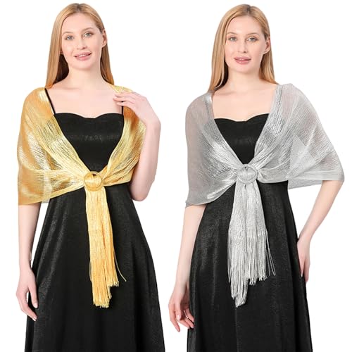 YCHYAN 2 Pièces Sparkling Châles Femme, Boléro et Châle pour Robe de Soirée et de Mariage, Echarpe Scintillante de Couleur Doré, avec Boucle Séparée, Convient aux Robes de Soirée et aux Dîners