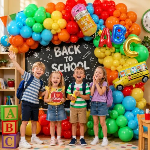 Image of Back to School Balloon Garland Arch Kit 180Pcs with Pencil School Bus ABC Balloons, Rainbow Balloon Arch Kit for First Day of School 2026 Kindergarten Grad Back to School Classroom Party Decor