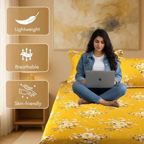 Image of Mafatlal Luxe Lilac 140 GSM Premium Microfiber Queen Size Bed Sheet with 2 Pillow Cover for Double Bed, 90x100 Inch - Yellow, Soft, Lightweight & Durable