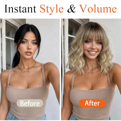 Image of Nnzes Short Wavy Bob Wig with Bangs for Women Shoulder Length Curly Soft Dark Root Beige Blonde Ombre Synthetic Heat-Resistant Fiber Hair for Daily & Party Use
