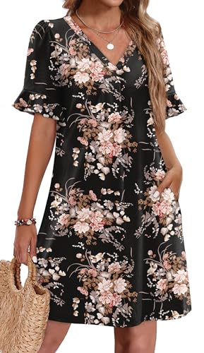 Image of OFEEFAN Summer Dresses for Women Ruffle Short Sleeve V Neck Casual Shift Dress with Pockets