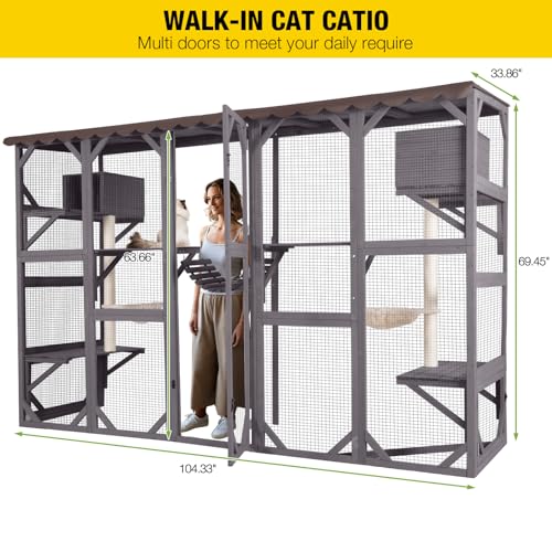 Image of Aivituvin Window Catio Outdoor Cat Enclosure Super Large Walk in Cat House with 6 Platforms and 2 Scratching Posts for Cats,104 inch L x 34 inch W x 69.5 inch H