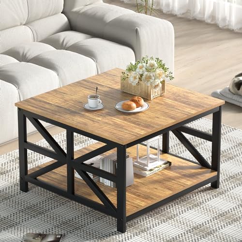 Image of GreenForest Coffee Table with Storage, Small Coffee Table with Split Tabletop for Living Room, 27.6 inch Farmhouse Square Sofa Table Center Table for Small Spaces, Easy Assembly, Walnut