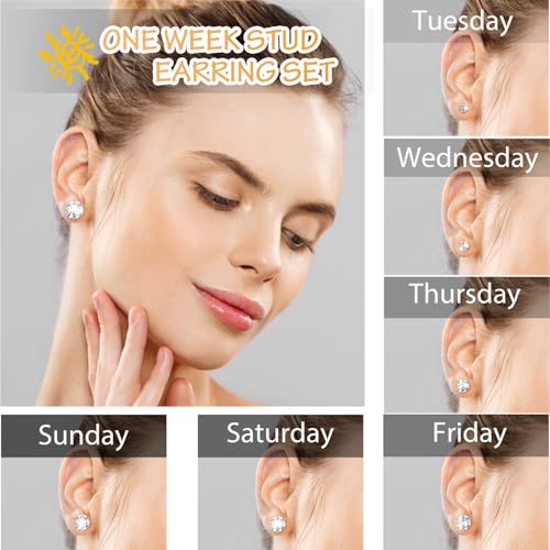 Silver Gold Black Stud Earrings Set 7Pairs Hypoallergenic Cubic Zirconia Titanium Stainless Steel Silver Rose Gold Black CZ Cartilage Stud Earrings Jewelry Sets for Women Men, 2-8mm CZ Stud Earrings4