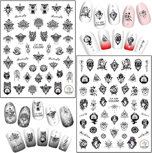 Black Pendant Nail Art Stickers, 3D Self-Adhesive Flower Necklace Butterfly Leaf Eyes Designs Nail Art Sticker For Women Girls Manicure Charms Decoration Diy Acrylic Nail Decal Supplies 6 Sheets #TOP2