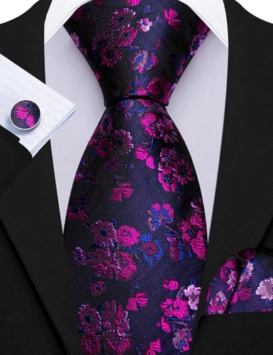 Image of Barry.Wang Flower Ties for Men Silk Woven Floral Tie Sets Necktie Handkerchief Cufflinks Wedding Party