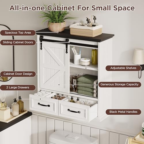 Image of FiveWillowise Bathroom Wall Storage Cabinet with 2 Drawers, White Floating Wall Mounted Medicine Cabinet with Sliding Door & Adjustable Shelves, Over The Toilet for Bathroom, Laundry Room, Kitchen