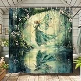 Feen-Duschvorhang, Aquarell, grün-blau, Feen-Badevorhang für Badezimmer, Frühling, Sommer, verzauberter Wald, modern, elegant, wasserdicht, Stoff-Duschvorhang-Set mit Haken, 157 x 183 cm