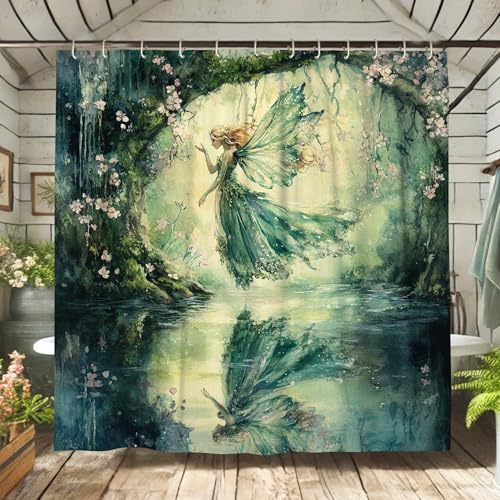Feen-Duschvorhang, Aquarell, grün-blau, Feen-Badevorhang für Badezimmer, Frühling, Sommer, verzauberter Wald, modern, elegant, wasserdicht, Stoff-Duschvorhang-Set mit Haken, 157 x 183 cm