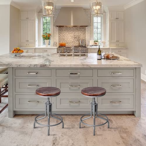 Topower American Antique Industrial Design Metal Adjustable Height Kitchen Dining Breakfast Chair Industrial Style Bar Stool Fully Welded 18.5-22.4 Inch Set Of 2 (Silvery, Wooden Top) #TOP1
