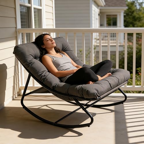 HavenGlide Fauteuil à bascule pour l'intérieur et l'extérieur, avec coussin, taille XXL, avec tabouret, fauteuil de relaxation, charge maximale : 150 kg, pour jardin,...