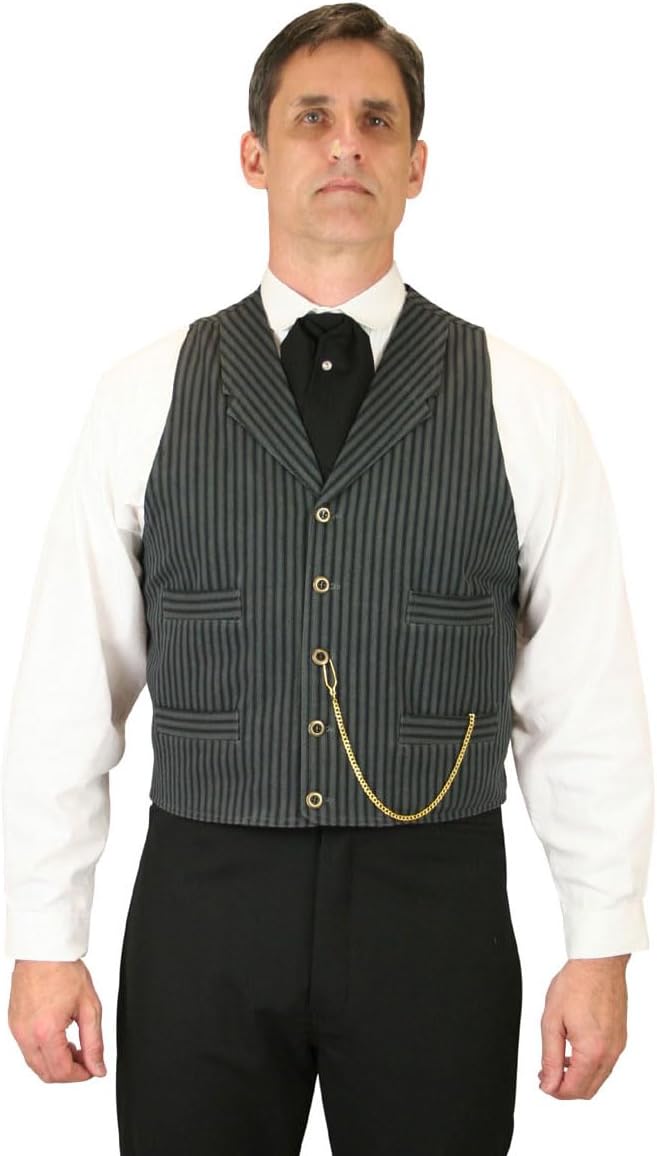 Historical Emporium Men's Cotton Striped Casual Work Vest, Victorian Old West Edwardian Edgar Waistcoat