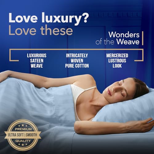 Image of TEXAS LINEN CO. 100% Egyptian Cotton Full Size Sheet Set - Luxury 1000 Series Lonestar Lovin' Damask Bed Sheets Full Size (4 PC, Light Blue Stripe), 16 inch Deep Pocket Extra Long Staple Hotel Sheets