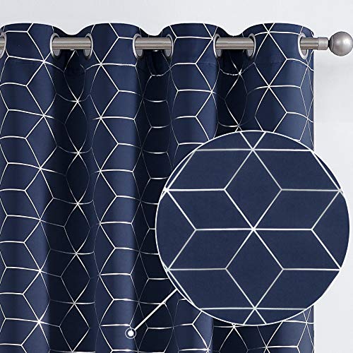 Vangao Navy Blue Blackout Curtains 63 Inches Length 2 Panels For Living Room Bedroom Silver Diamond Foil Print Thermal Insulated Grommet Top Window Drapes #TOP16