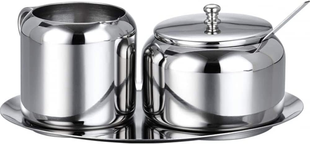 Milk and Sugar Set Stainless Steel Sugar Bowl, Small Sugar Jar with Spoon for Home, Kitchen, Hotel and Cafe, 3 Pieces,Silver