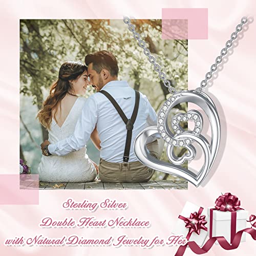 Natural Diamonds Heart Necklace For Women,"Forever Love You" 18K White Gold Plated Silver Double Heart Pendant Jewelry Gifts For Wife, Mom, Girls 18"+2" #TOP1