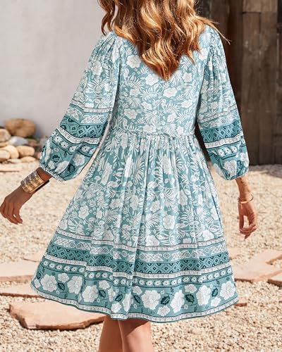 Image of BTFBM Women Casual Spring Summer Dresses V Neck 3 /4 Long Sleeve Ruffle Floral Flowy Boho Babydoll Mini Short Beach Dress