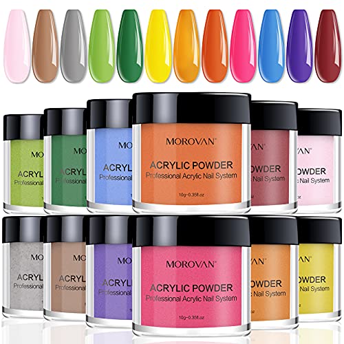 Morovan Acrylic Powder Set - 12 Color Acrylic Nail Powder Kit Professional Nail Powder Colored Polymer Powder for Nail Extension Carving DIY Acrylic Nails
