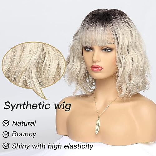 Bestung Short Blonde Bob Wigs For Women Wavy Ombre Grey Blonde Wig With Bangs Ash Blond Wig Synthetic Hair Water Wave Medium Length Colorful Wigs(12 Inches) thumb #2