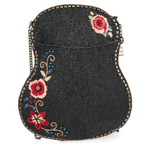 Mary Frances Classical Vibe Beaded Crossbody Handbag Floral Guitar-Shaped Evening Clutch Purse Statement Bag with Removable Strap, Brown2