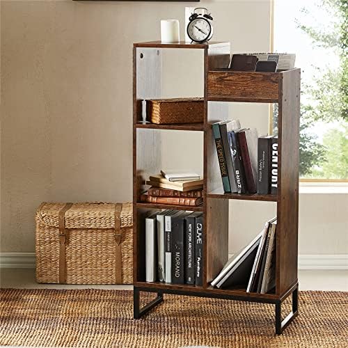 OROPY Bookcase, Wooden Bookshelf with 5 Open Cubes and 3 Multi-functional Storage Space, Free Standing Book Shelf Unit with Metal Base & Legs for Living Room, Bedroom, Office, Rustic Brown