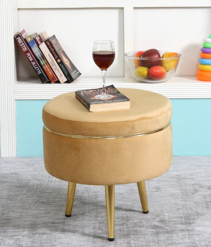 Image of Ottoman Stool for Living Room, Velvet Foot Rest Puffy for Sofa, Foot Stool for Sitting, Modern Puffy for Bedroom, Metal Legs Ottoman for Home Decor, 17 inch Height (Stool-Beige)