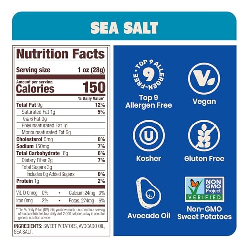 Image of Jackson's Sweet Potato Kettle Chips with Sea Salt made with Premium Avocado Oil (5 oz, Pack of 12) - Allergen-friendly, Gluten Free, Peanut Free, Vegan, Paleo Friendly - Shark Tank Product