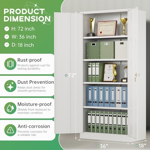 Image of INTERGREAT Metal Storage Cabinet,72 inch Steel Lockable File Cabinet with Locking Doors and Adjustable Shelves,Locking Tool Cabinets for Office,Home,Garage,Gym,School (White)