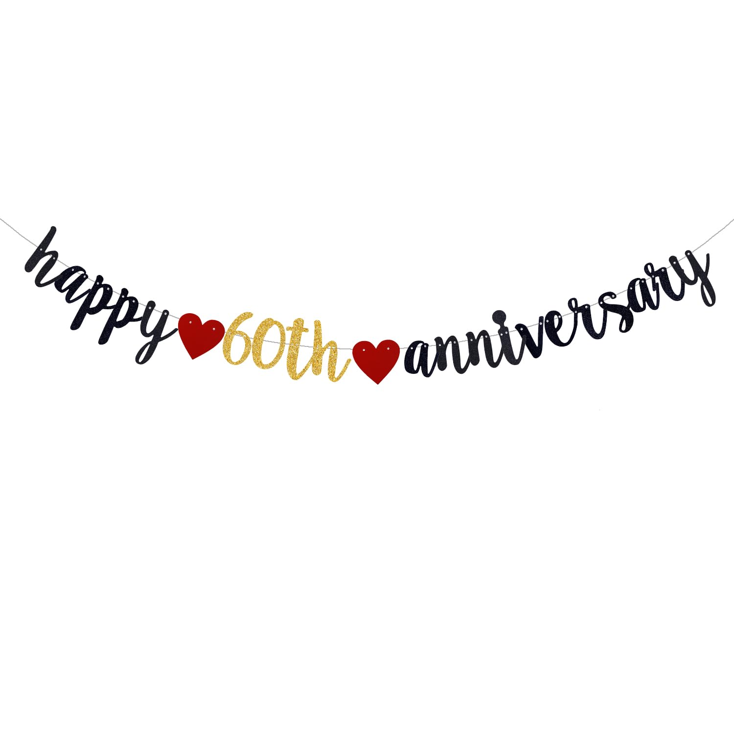 Happy 60th Anniversary Banner, 60th Birthday, Wedding Party Bunting Decoration (Black & Gold, 18 inches x 118 inches)
