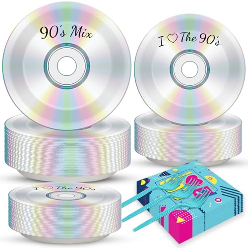 Image of CHUNNIN 200Pcs 90's Party Paper Plates and Napkins for 50 Guests | Durable Paper Material, I Love The 90s Theme Birthday Party, Disposable Dessert Tableware, 90's Mix CD Party Decorations