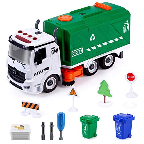 SameTech Friction Garbage Street Sweeper Trucks Toy with Light, Sound and Can, DIY Assembly Waste Recycling Vehicle Toy for Kids
