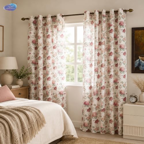 Image of Clasiko Block Print Sheer Window Curtains; 40% Light Filtering Linen Textured Curtains with Eyelets & Tieback | Set of 2 | 54x60 Inches / 5 Feet | Blush Orchid